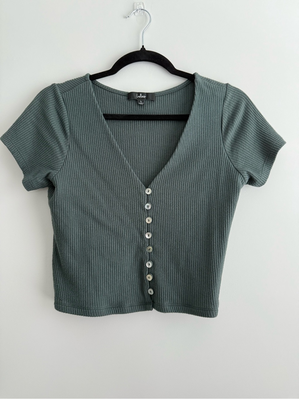 Lulu's Sage Ribbed Button-Front V-Neck Crop Top